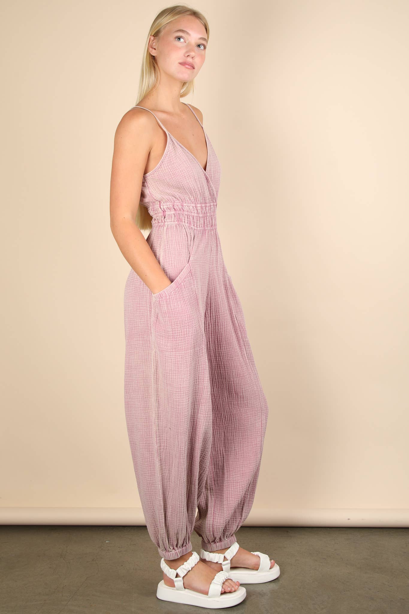 NP70837-Mineral Washed Cotton Gauze Casual Jumpsuit