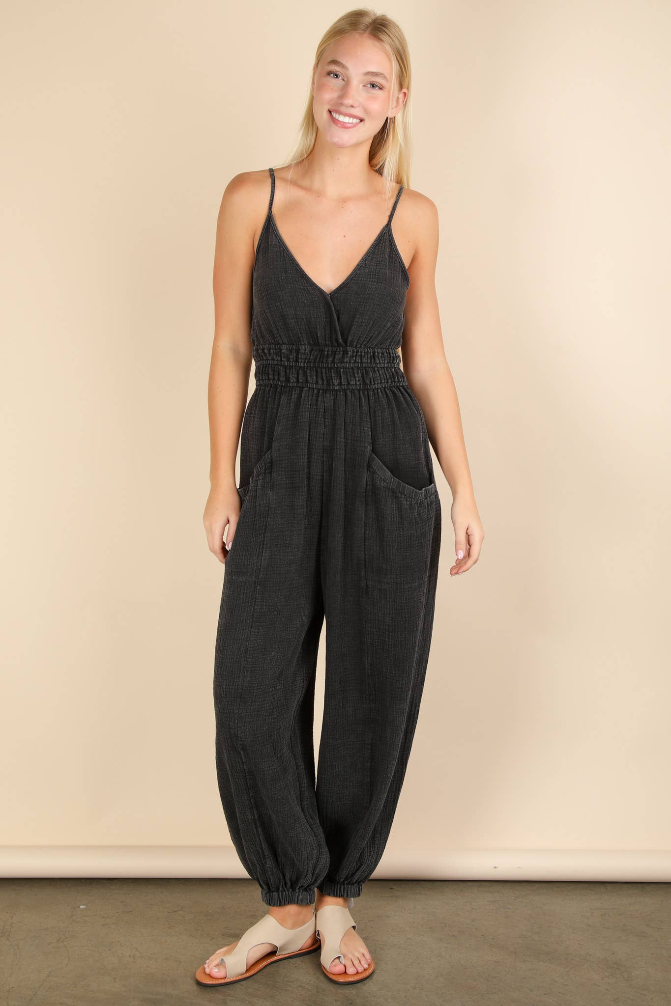 NP70837-Mineral Washed Cotton Gauze Casual Jumpsuit