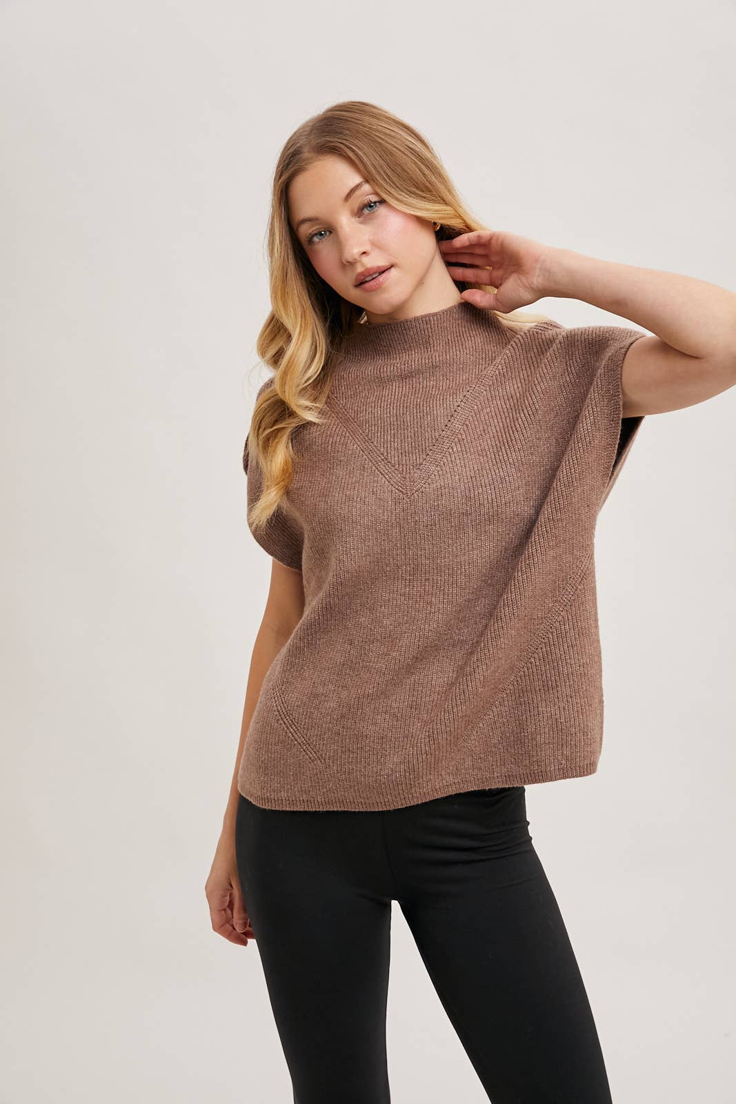 MOCK NECK DOLMAN SHORT SLEEVE KNIT SWEATER