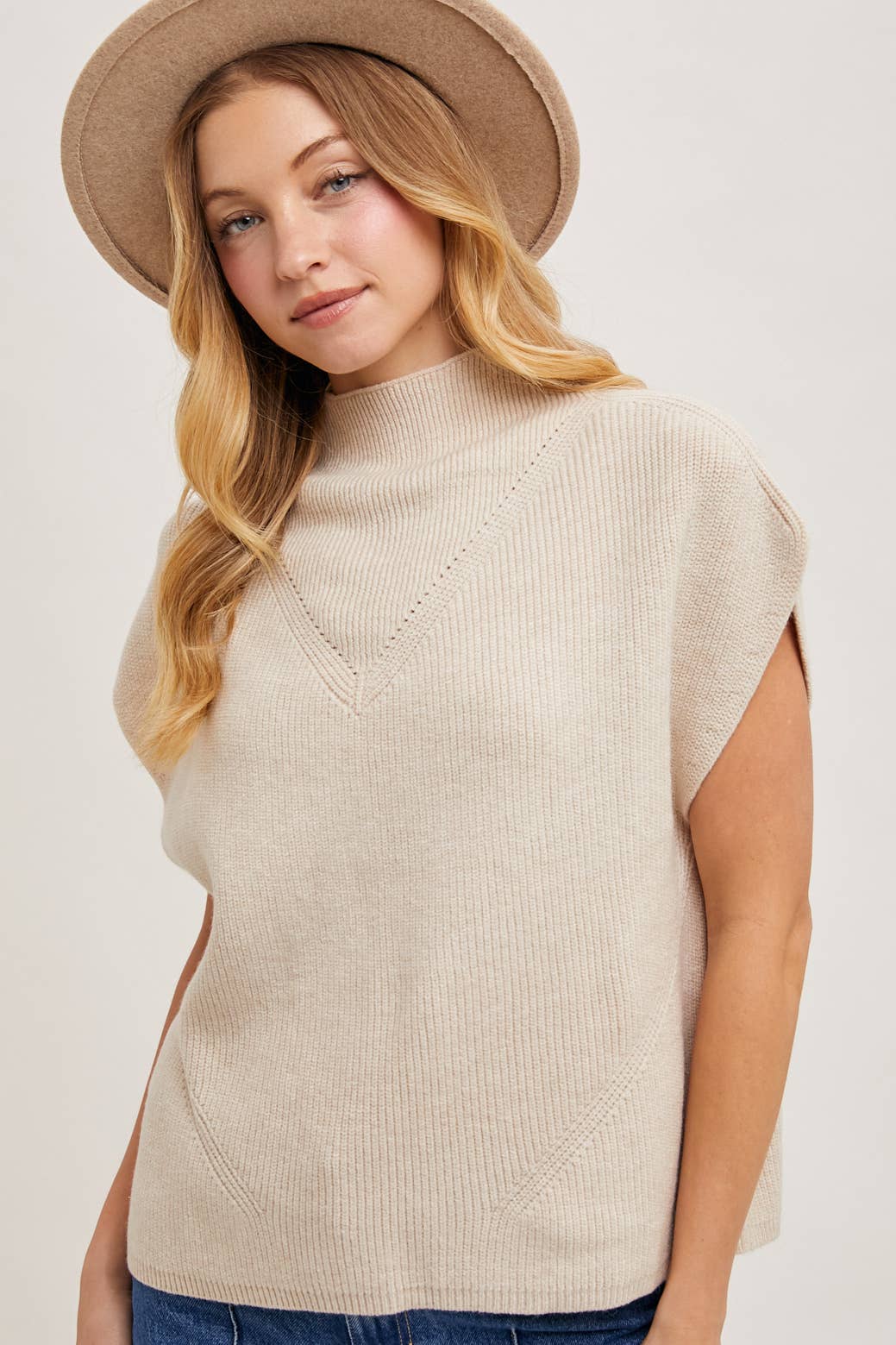 MOCK NECK DOLMAN SHORT SLEEVE KNIT SWEATER