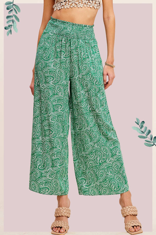Boho Paisley Print Wide Leg Flowy Pants with Pockets