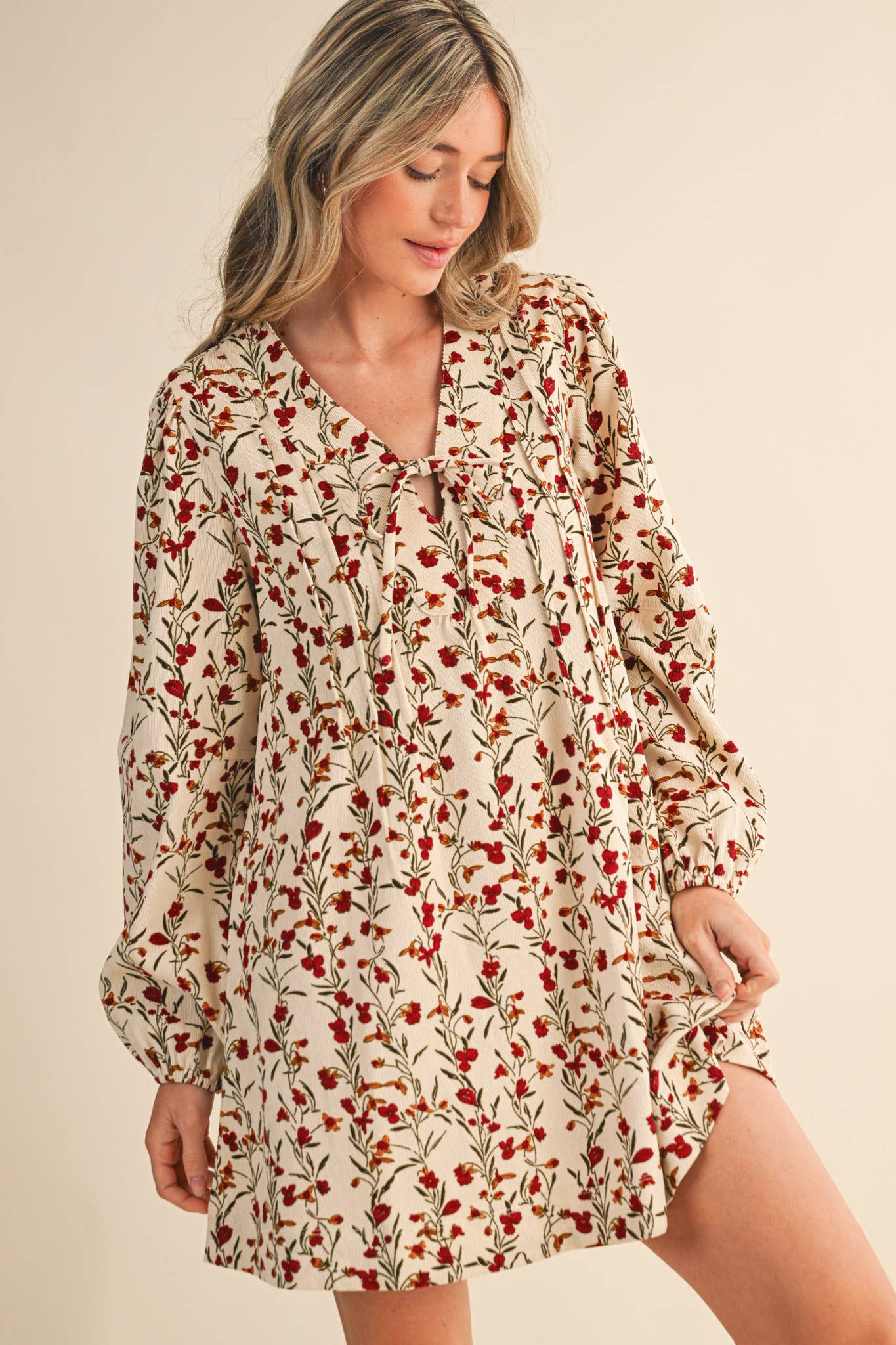 floral print corduroy mini dress Dark Mauve Floral Corduroy Long Sleeve Mini Dress
