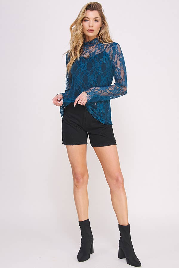 Floral print lace long sleeves top KRT1739 (Plus available)