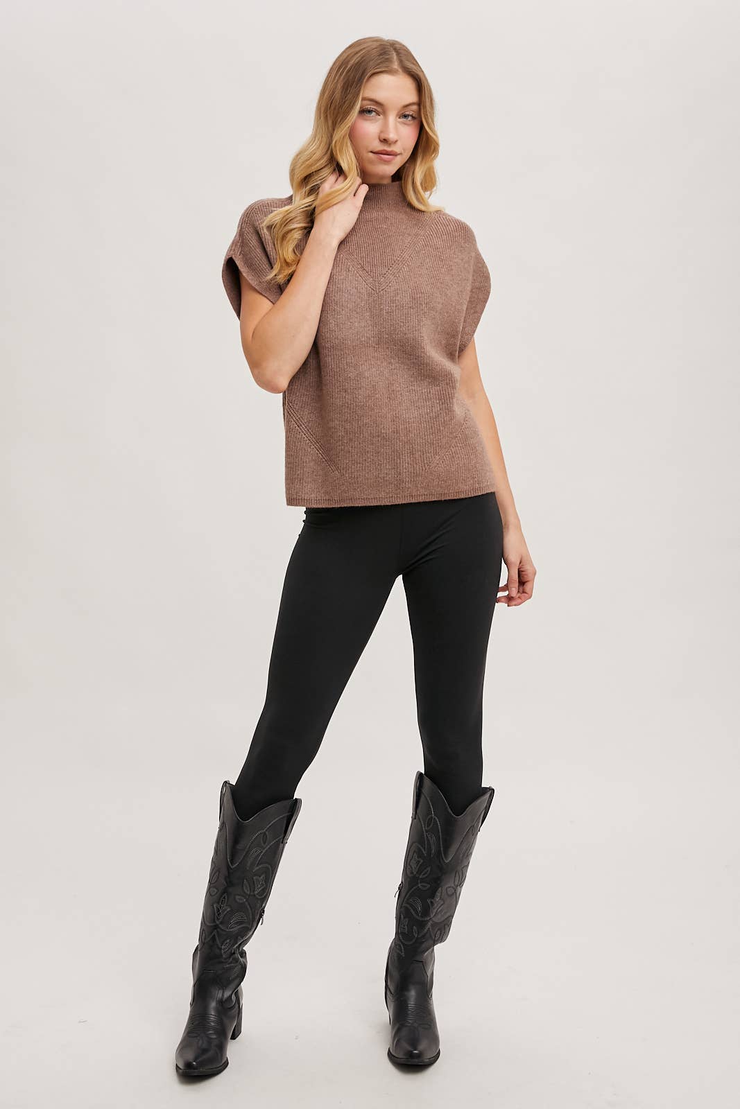 MOCK NECK DOLMAN SHORT SLEEVE KNIT SWEATER