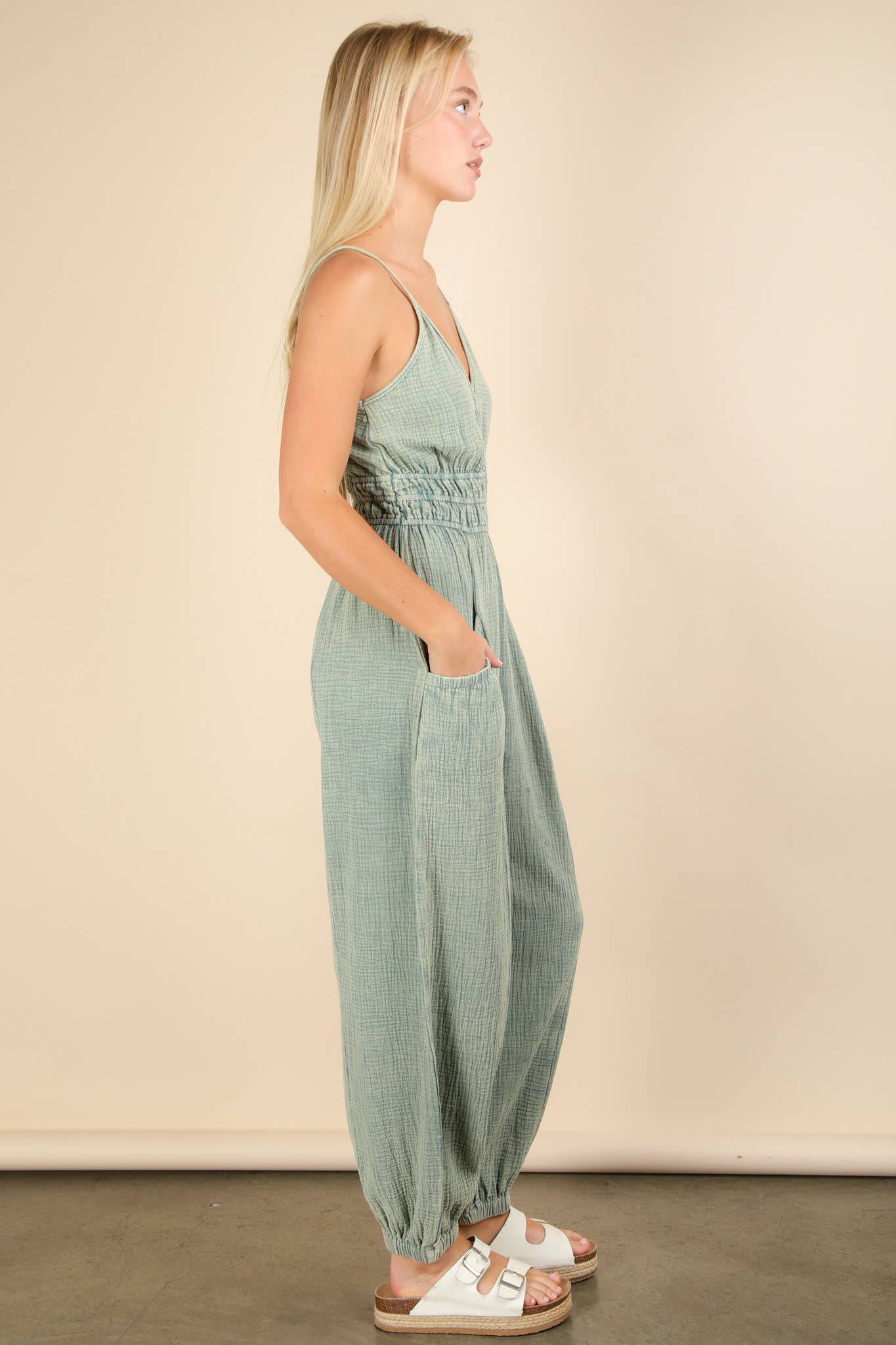 NP70837-Mineral Washed Cotton Gauze Casual Jumpsuit