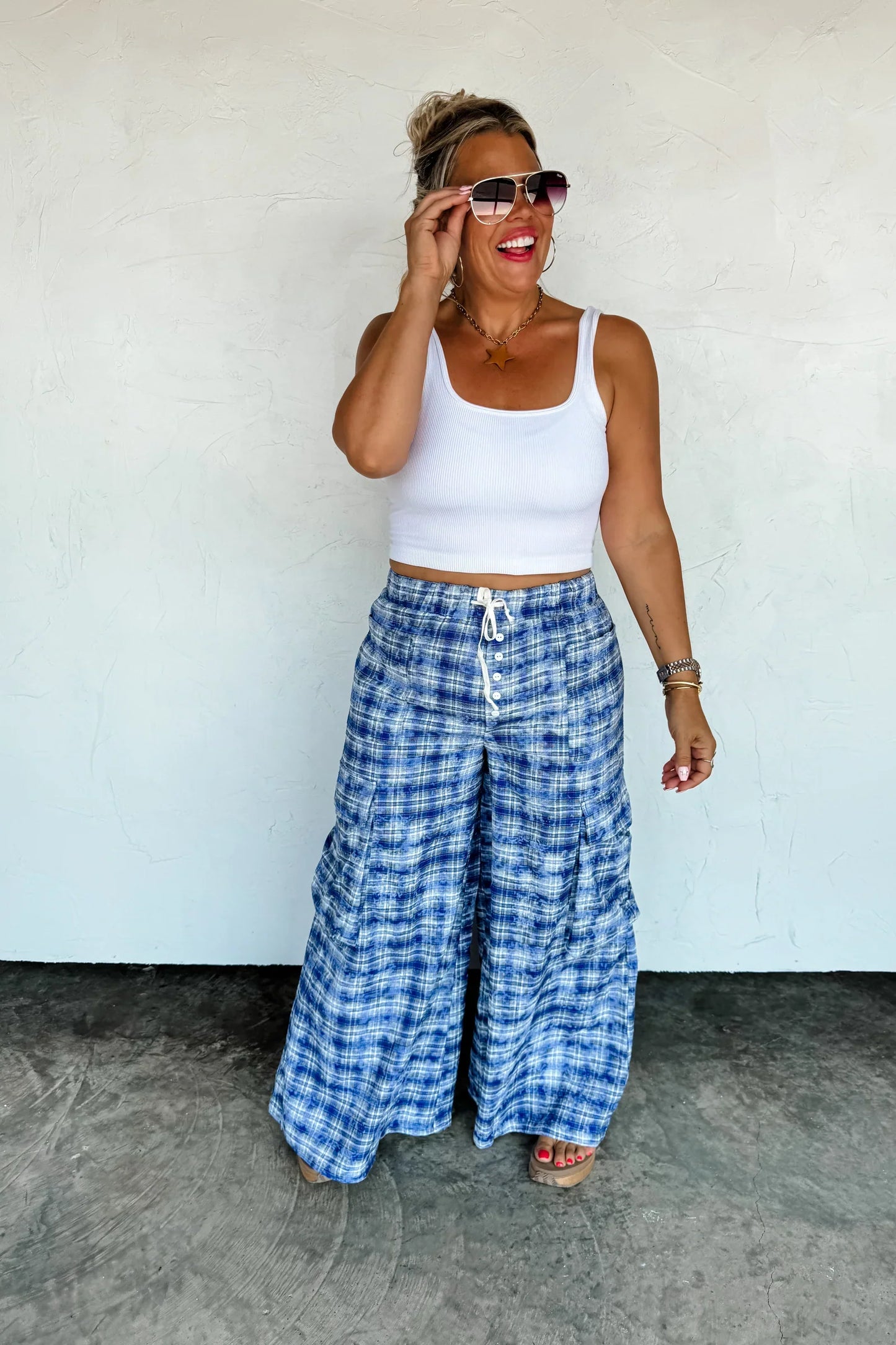 PLAID BEHAVIOR WIDE LEG PANTS