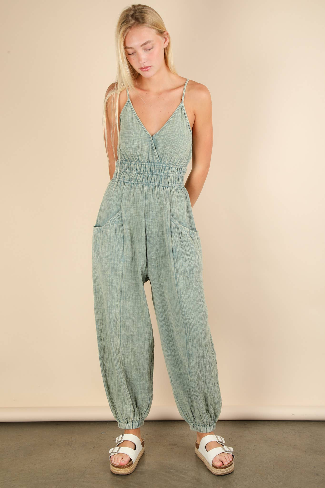 NP70837-Mineral Washed Cotton Gauze Casual Jumpsuit