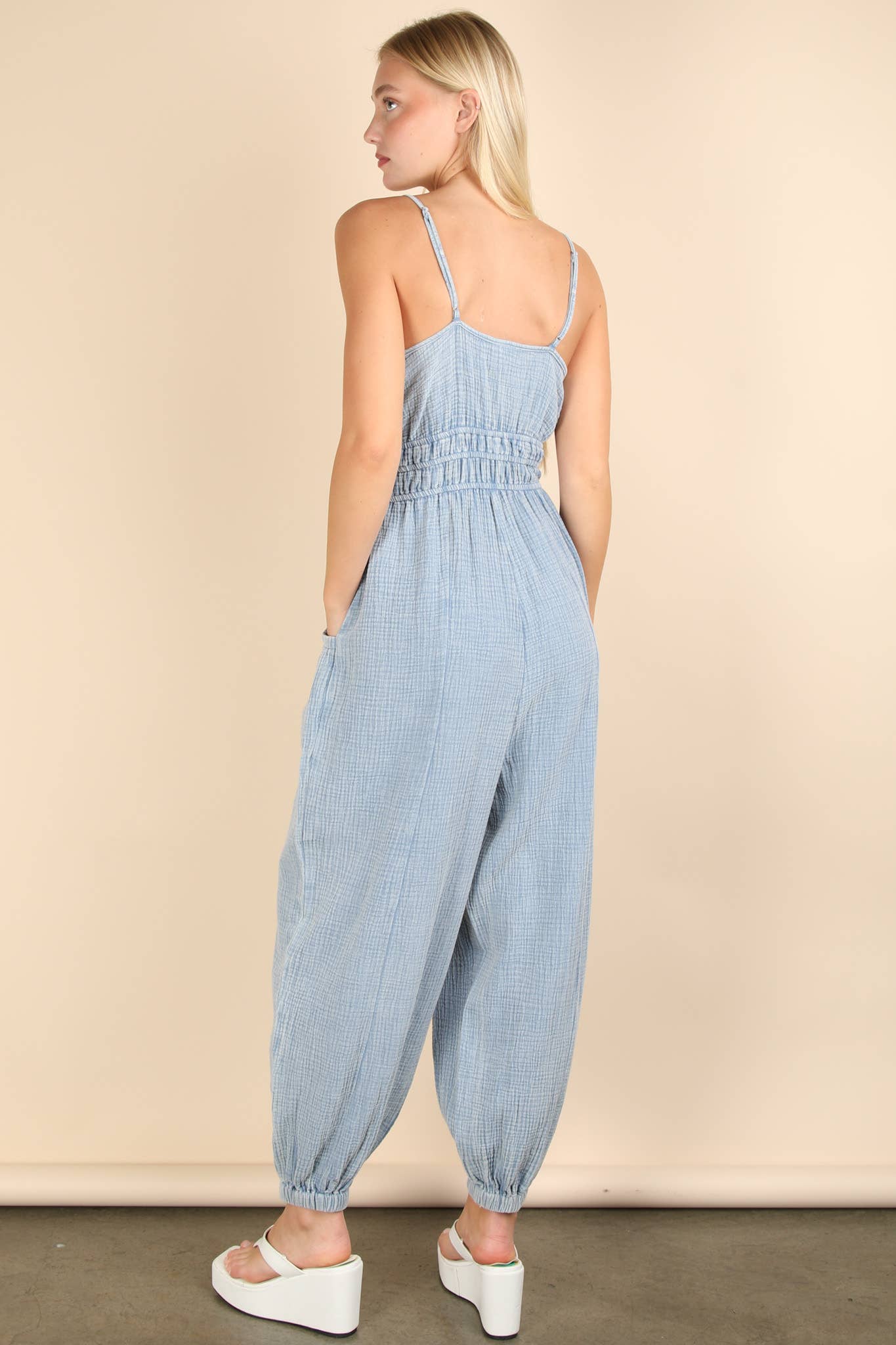 NP70837-Mineral Washed Cotton Gauze Casual Jumpsuit