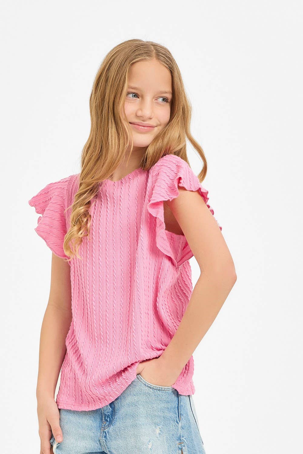 Embossed Knit Ruffle Sleeve Top
