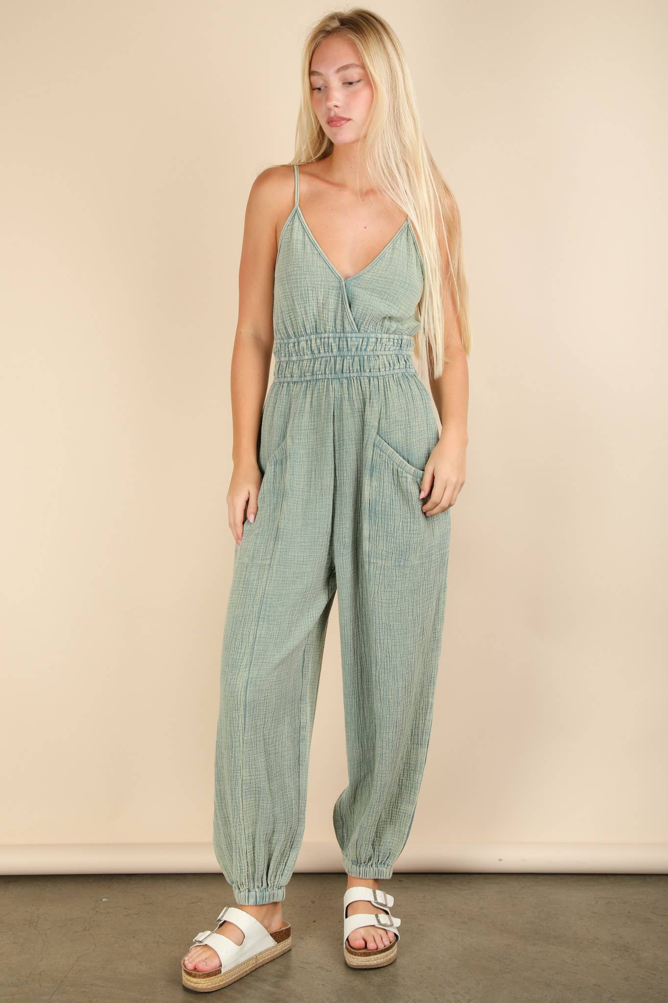 NP70837-Mineral Washed Cotton Gauze Casual Jumpsuit
