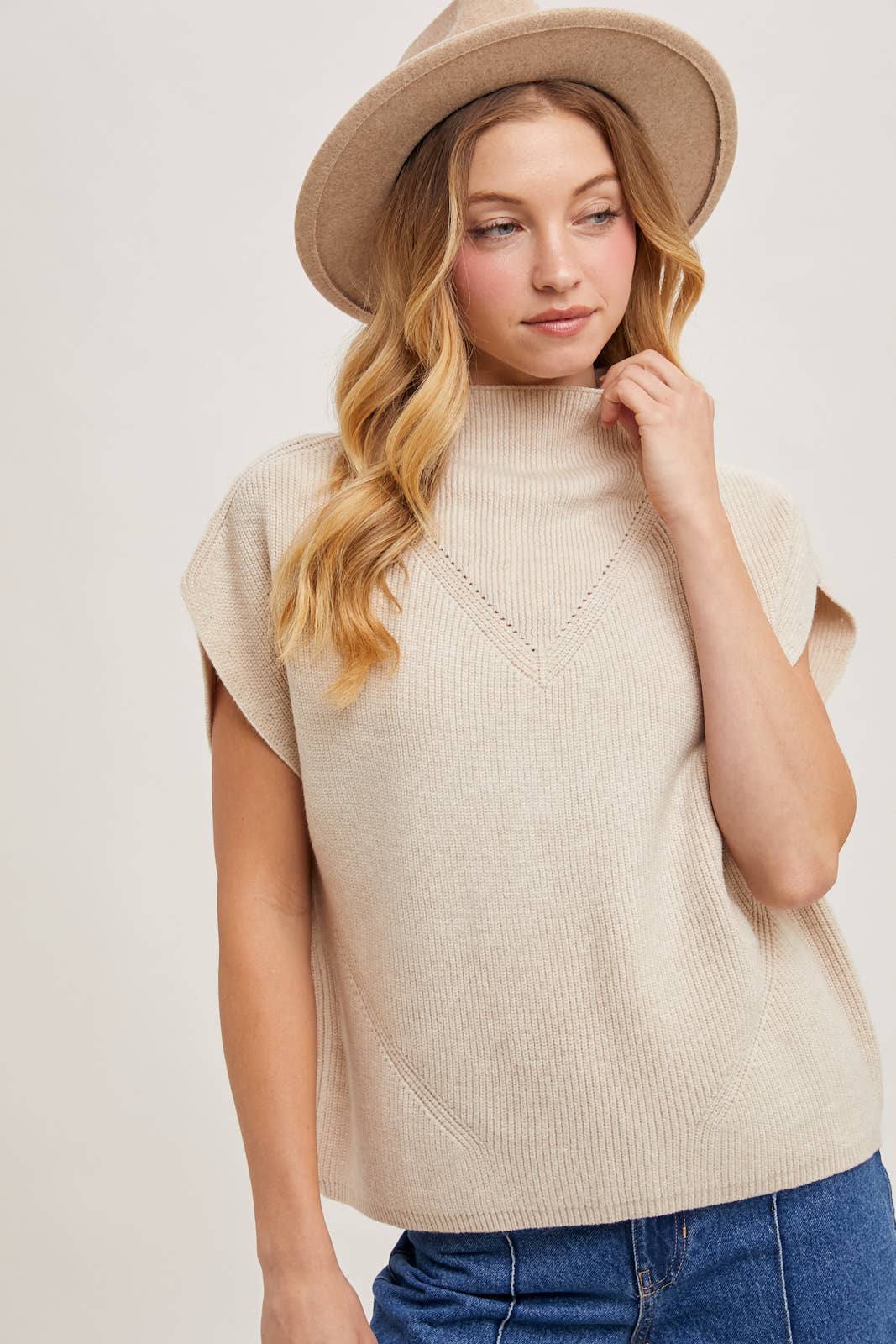 MOCK NECK DOLMAN SHORT SLEEVE KNIT SWEATER