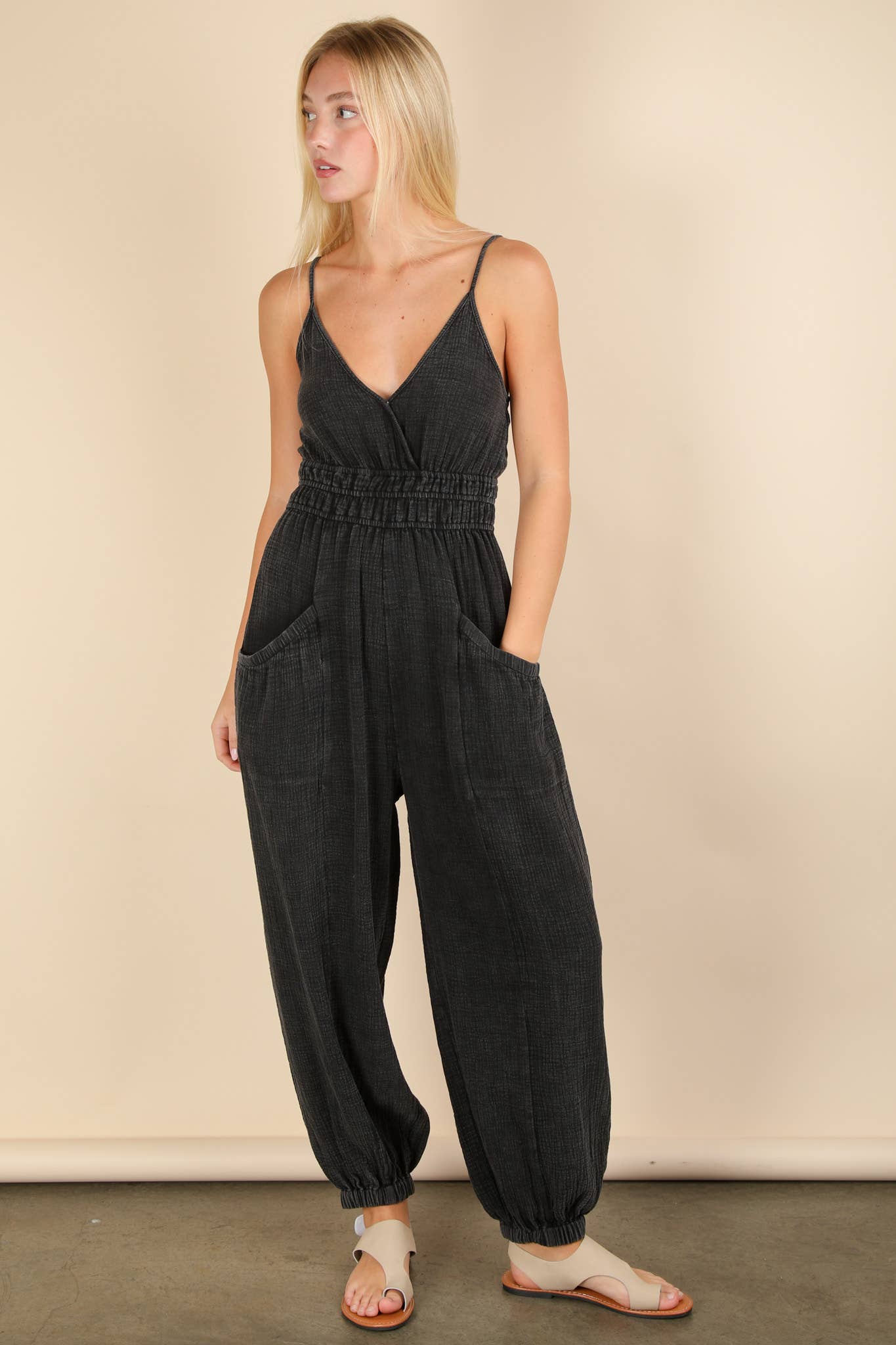 NP70837-Mineral Washed Cotton Gauze Casual Jumpsuit