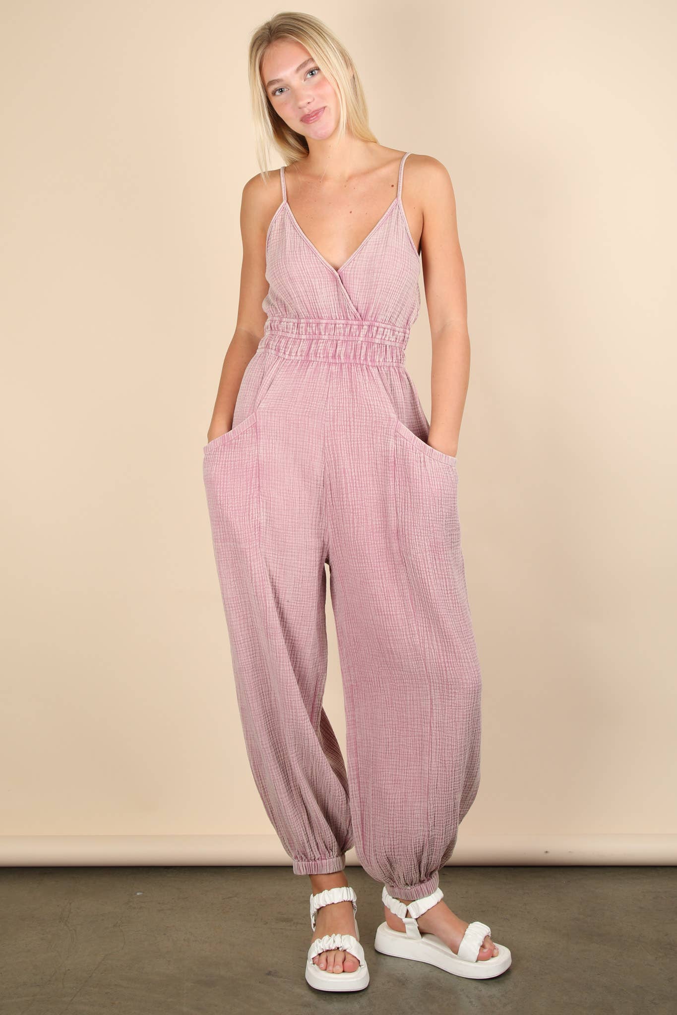 NP70837-Mineral Washed Cotton Gauze Casual Jumpsuit