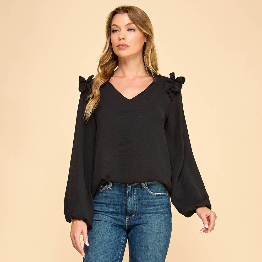 Ruffle Shoulder V-Neck Blouse