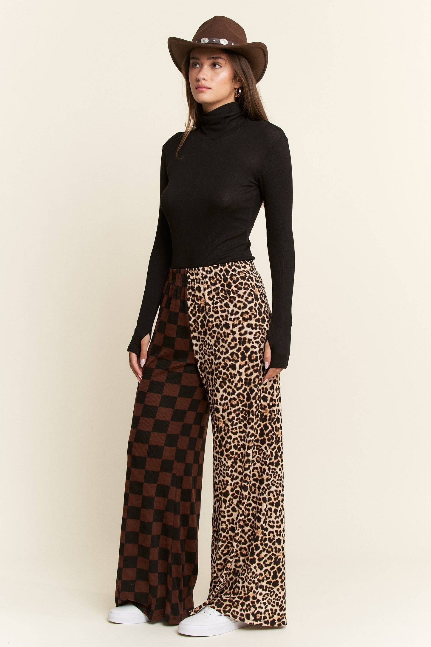 SPLIT LEOPARD-CHECKERED PANTS