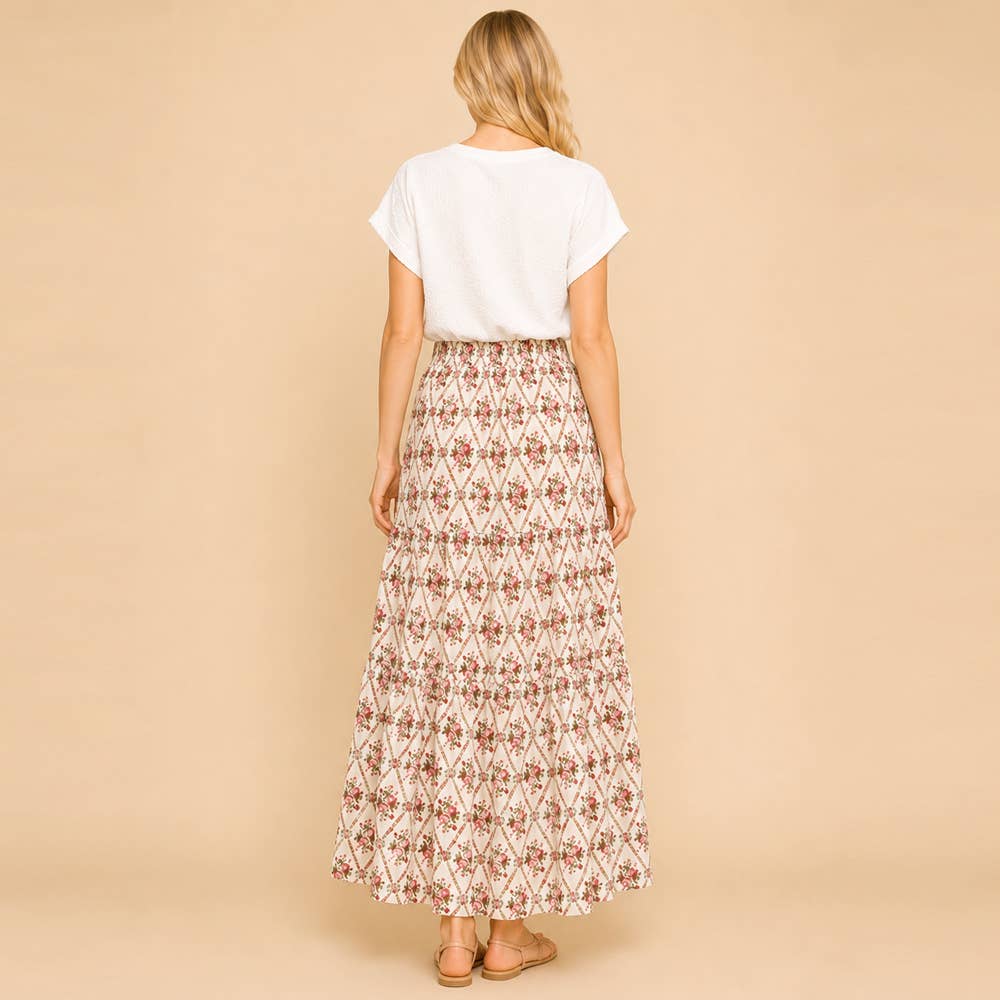 Textured Top and Floral Three-Tier Maxi Skirt Set