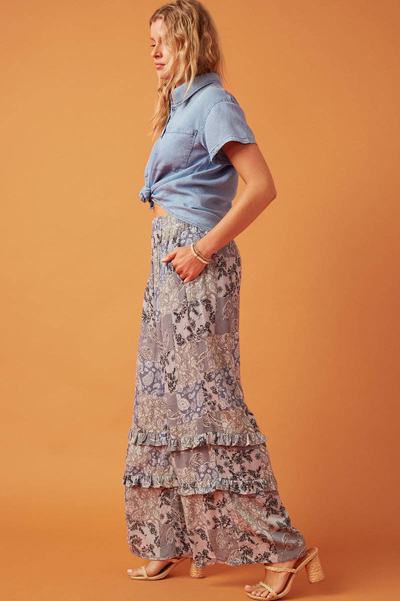 Ruffle Paisley Wide Leg Pants