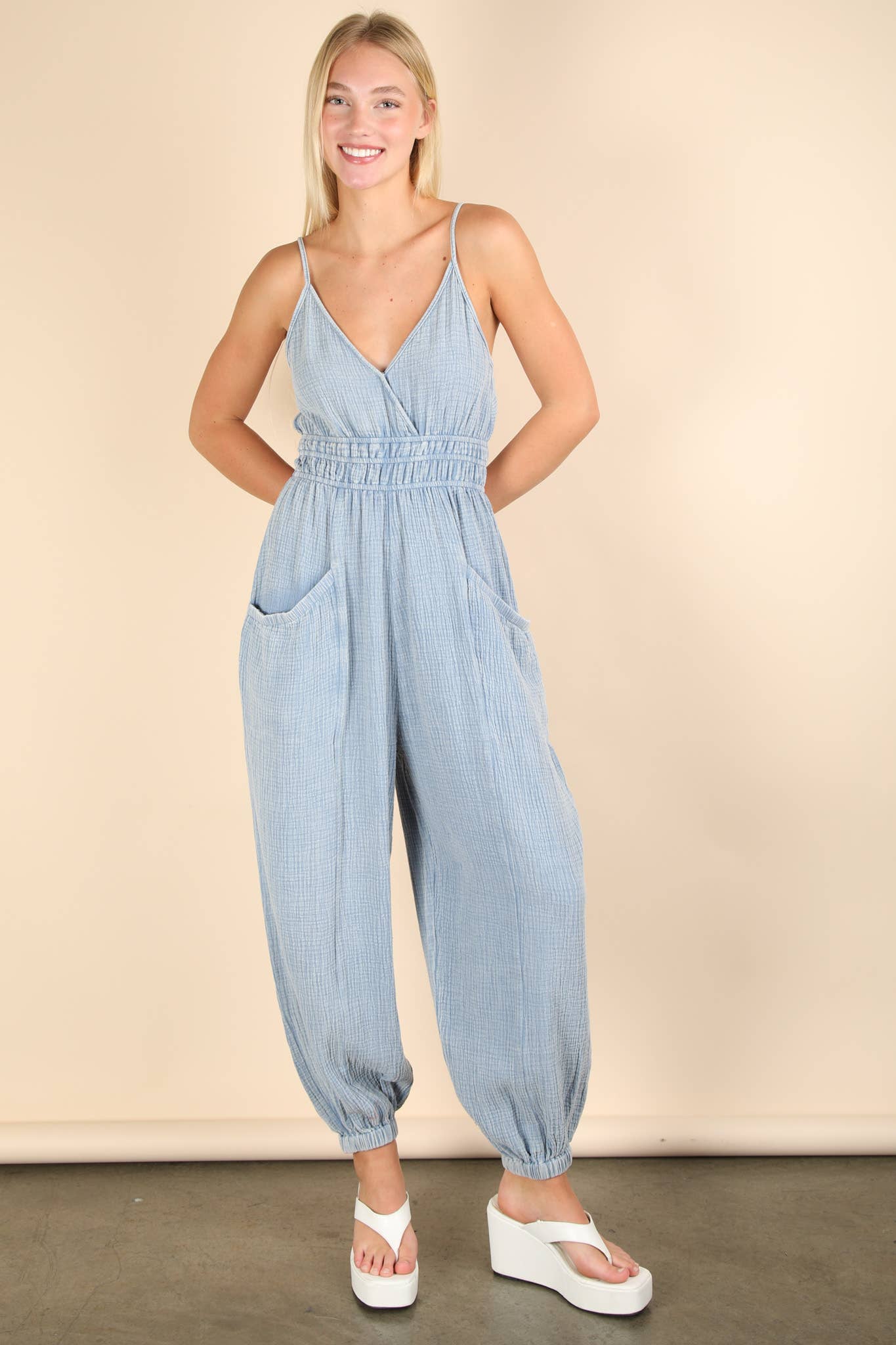NP70837-Mineral Washed Cotton Gauze Casual Jumpsuit
