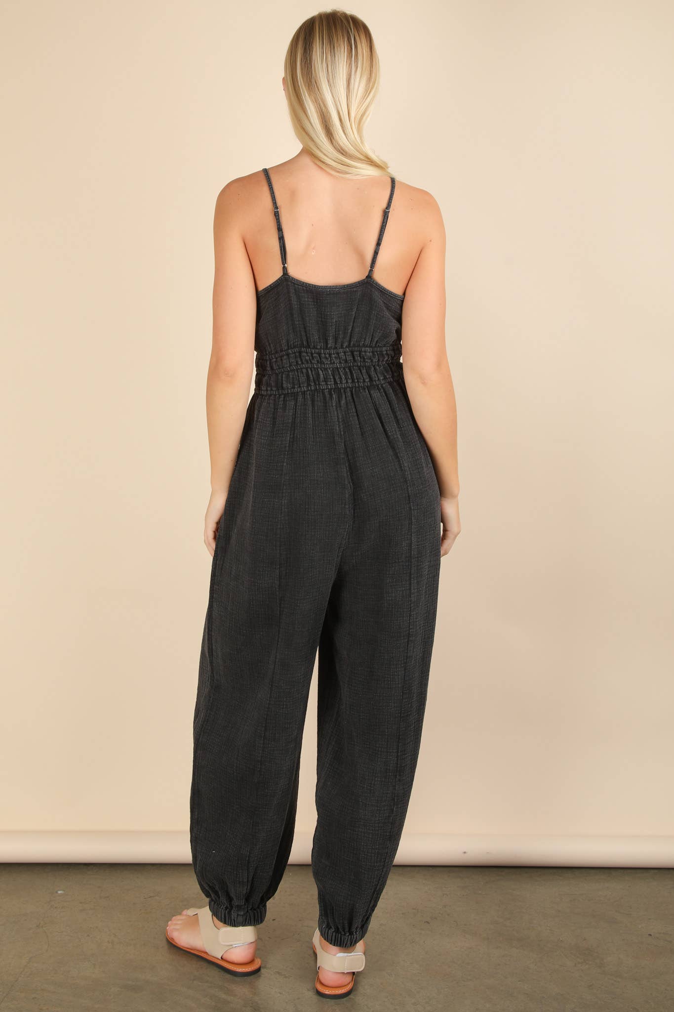 NP70837-Mineral Washed Cotton Gauze Casual Jumpsuit