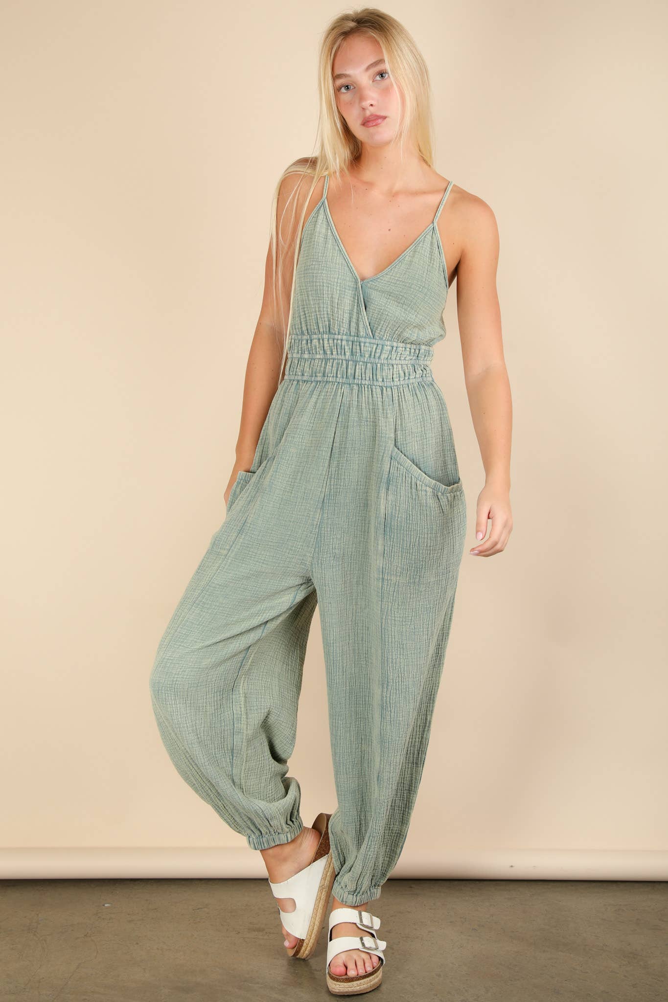 NP70837-Mineral Washed Cotton Gauze Casual Jumpsuit