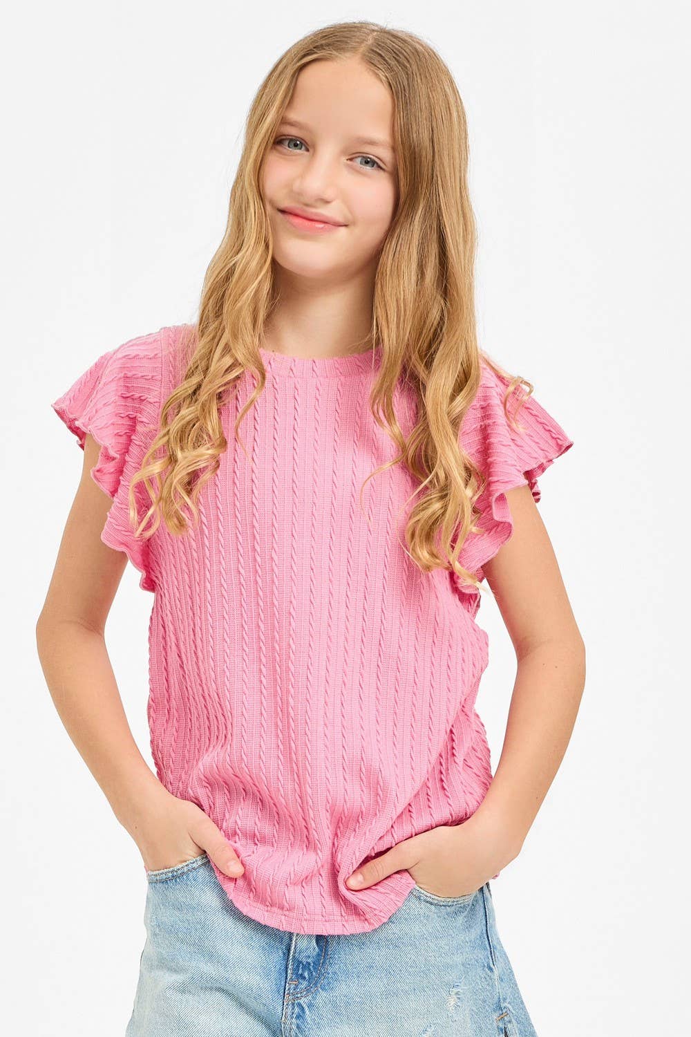Embossed Knit Ruffle Sleeve Top