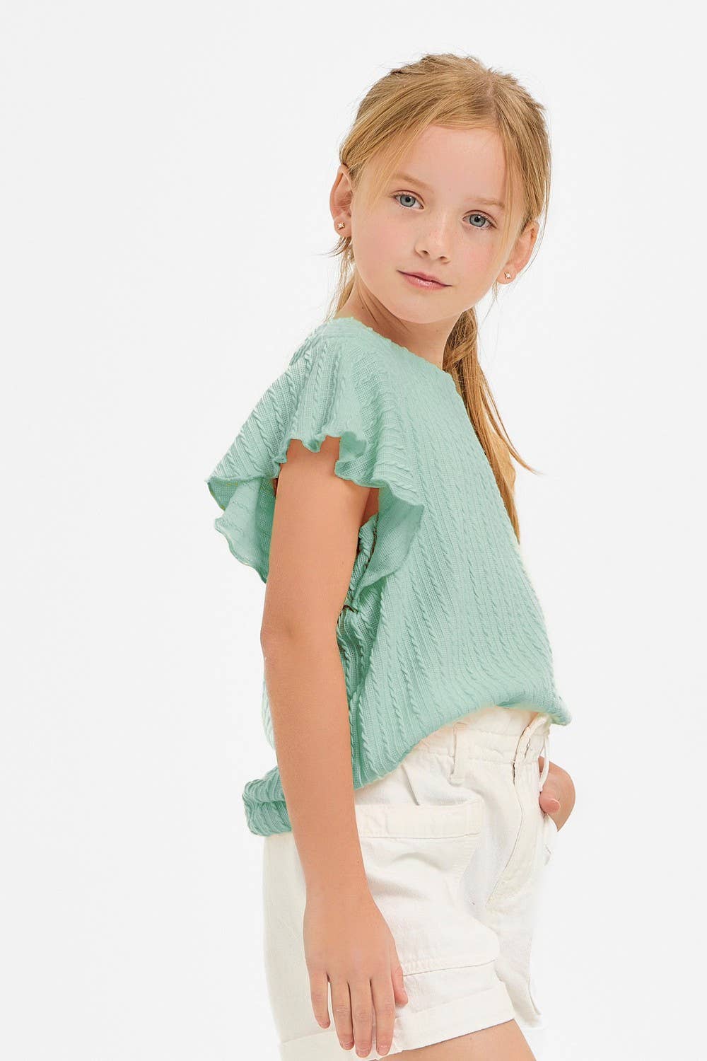 Embossed Knit Ruffle Sleeve Top
