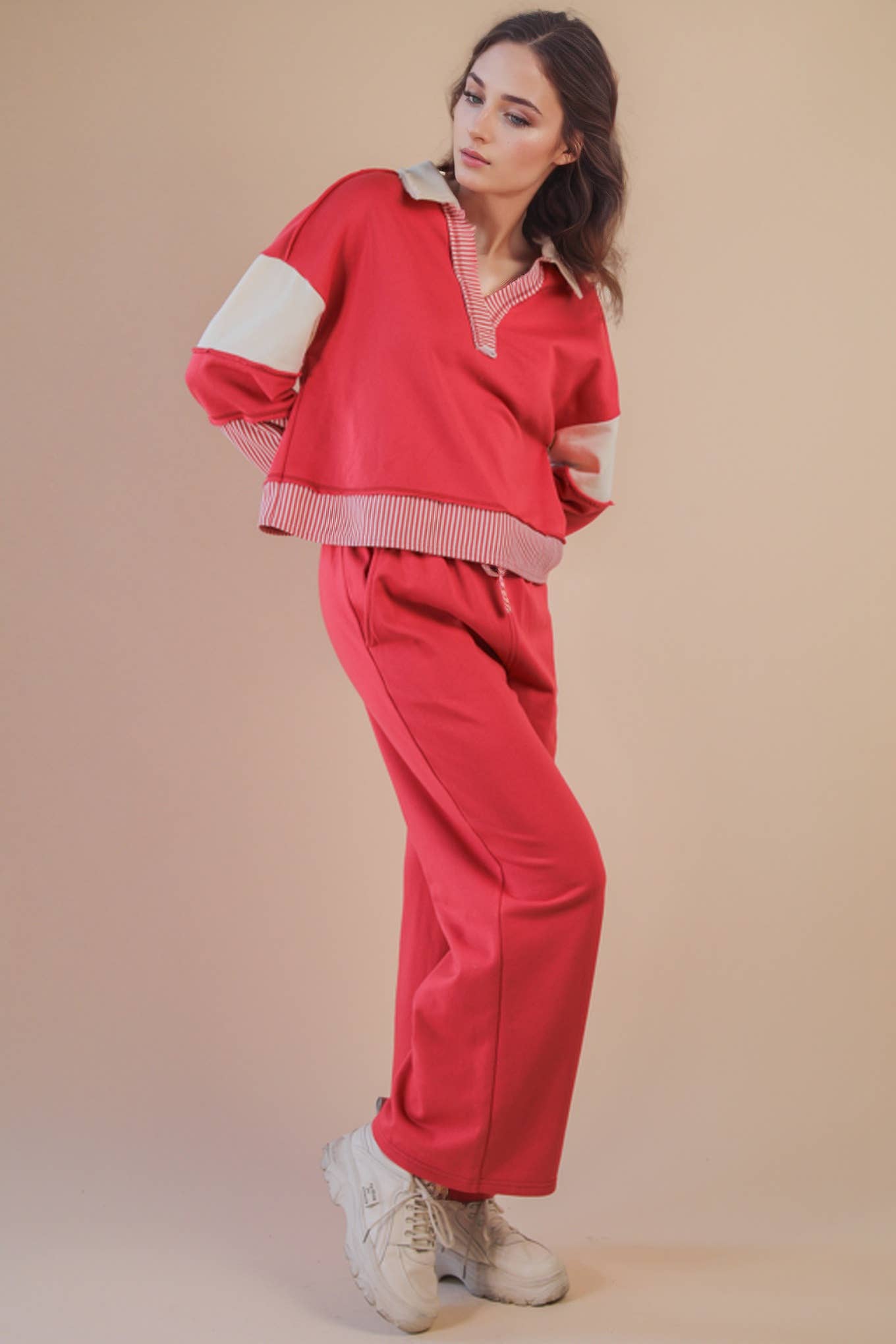 NT12348SET-Color Block Casual Knit Top & Pants Set