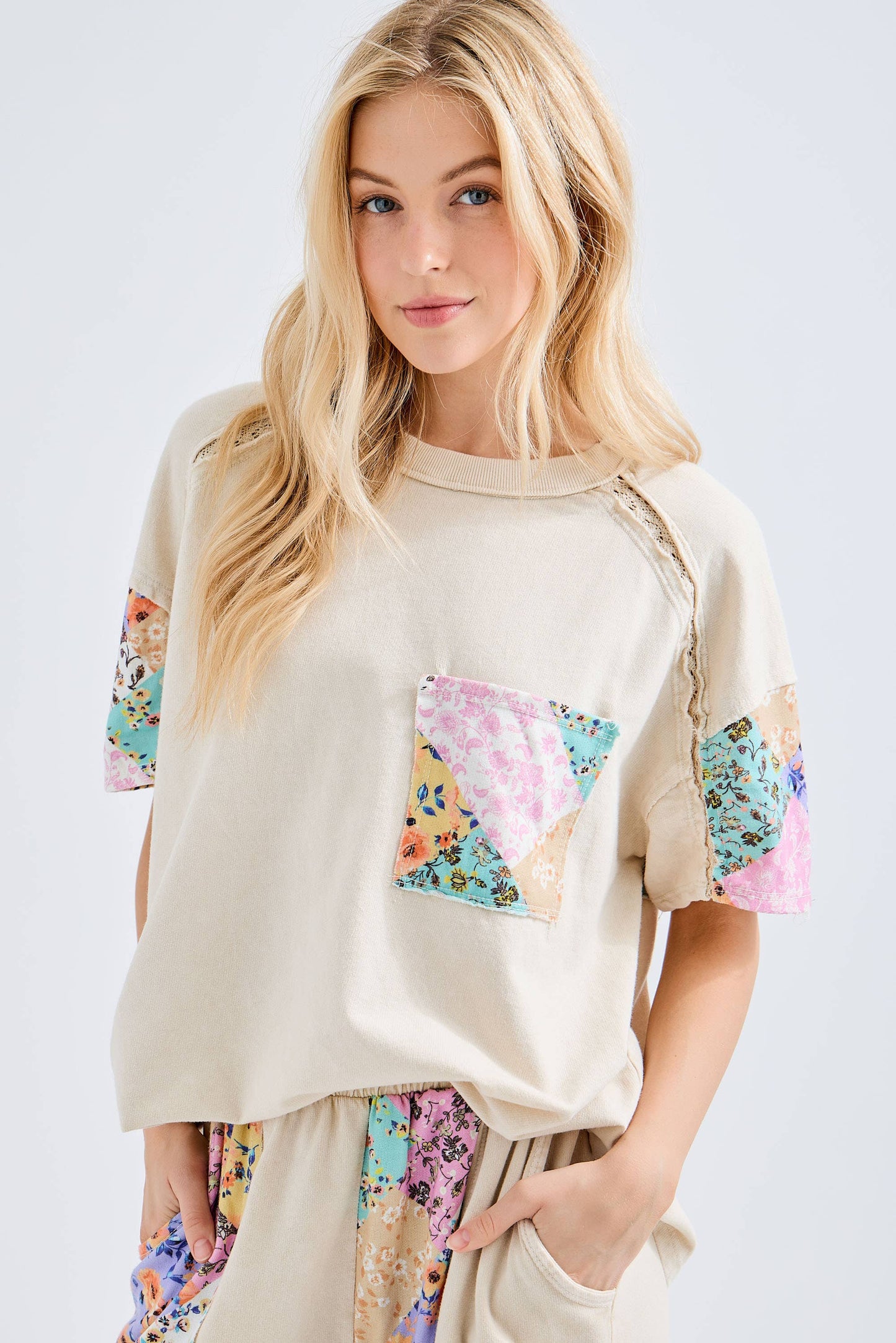 Floral Patch Top with Lace