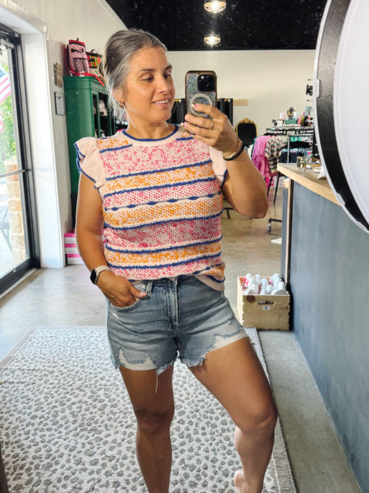 Ribbed Fringe Ruffle Sleeve Top