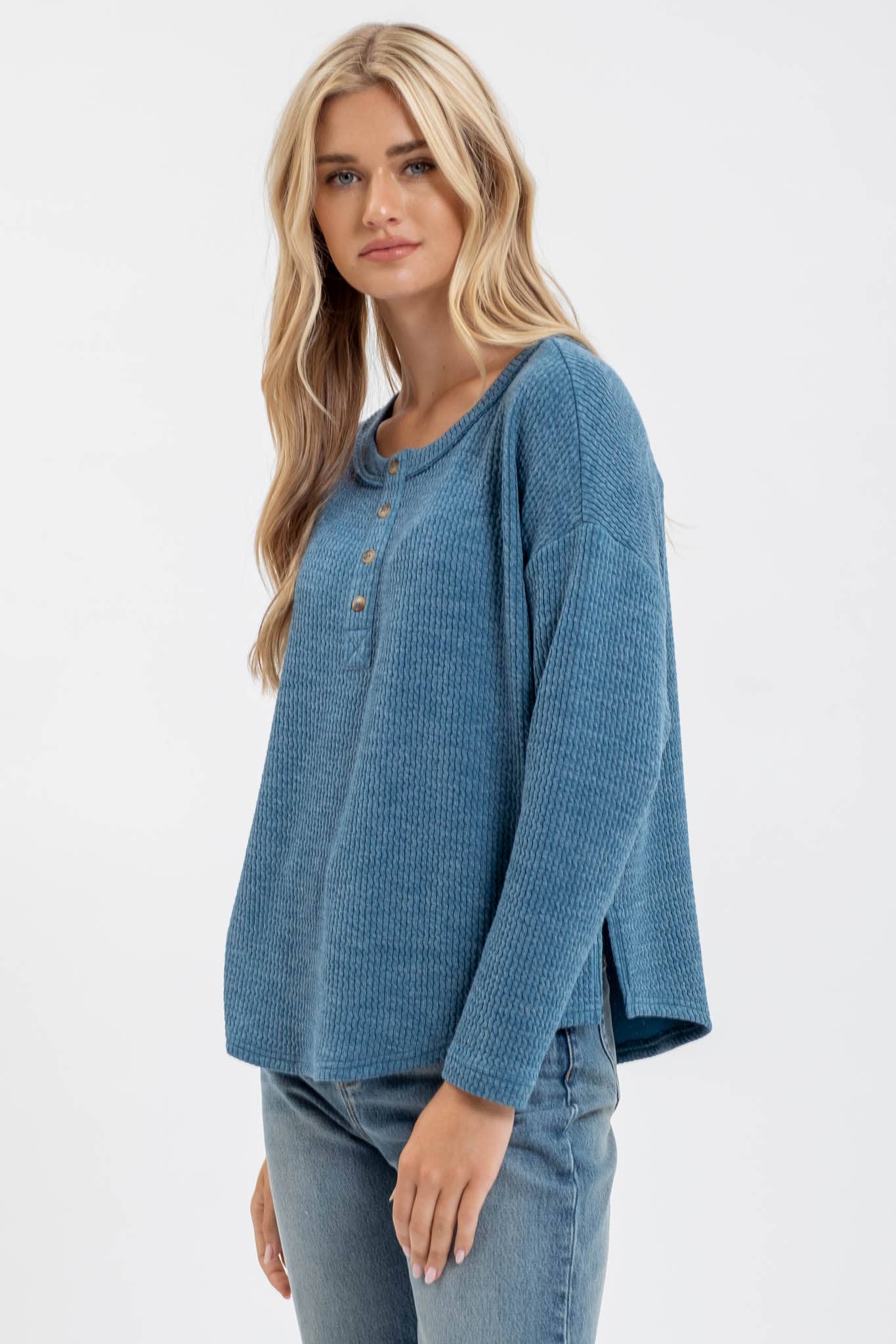 WAFFLE KNIT HENLEY TOP