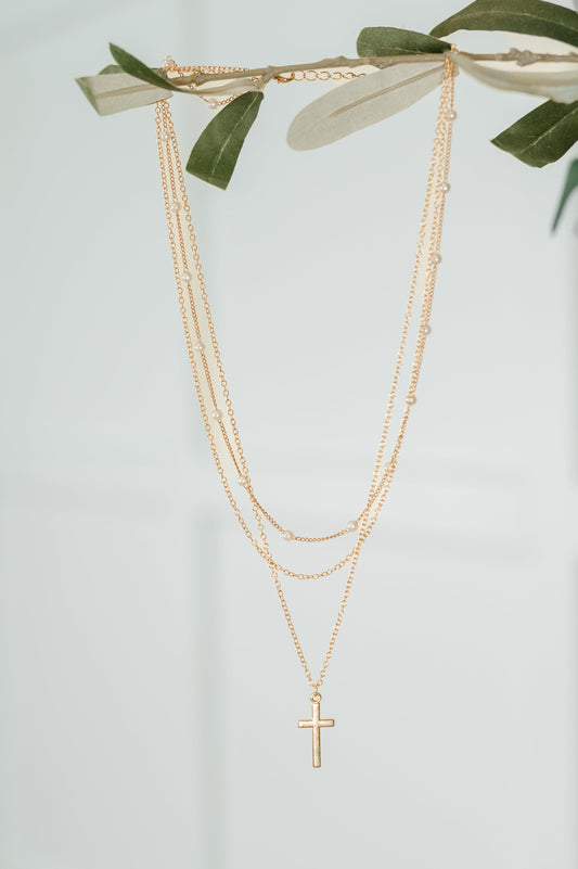 Halo Hues Cross Pendant Layered Necklace Set in Gold