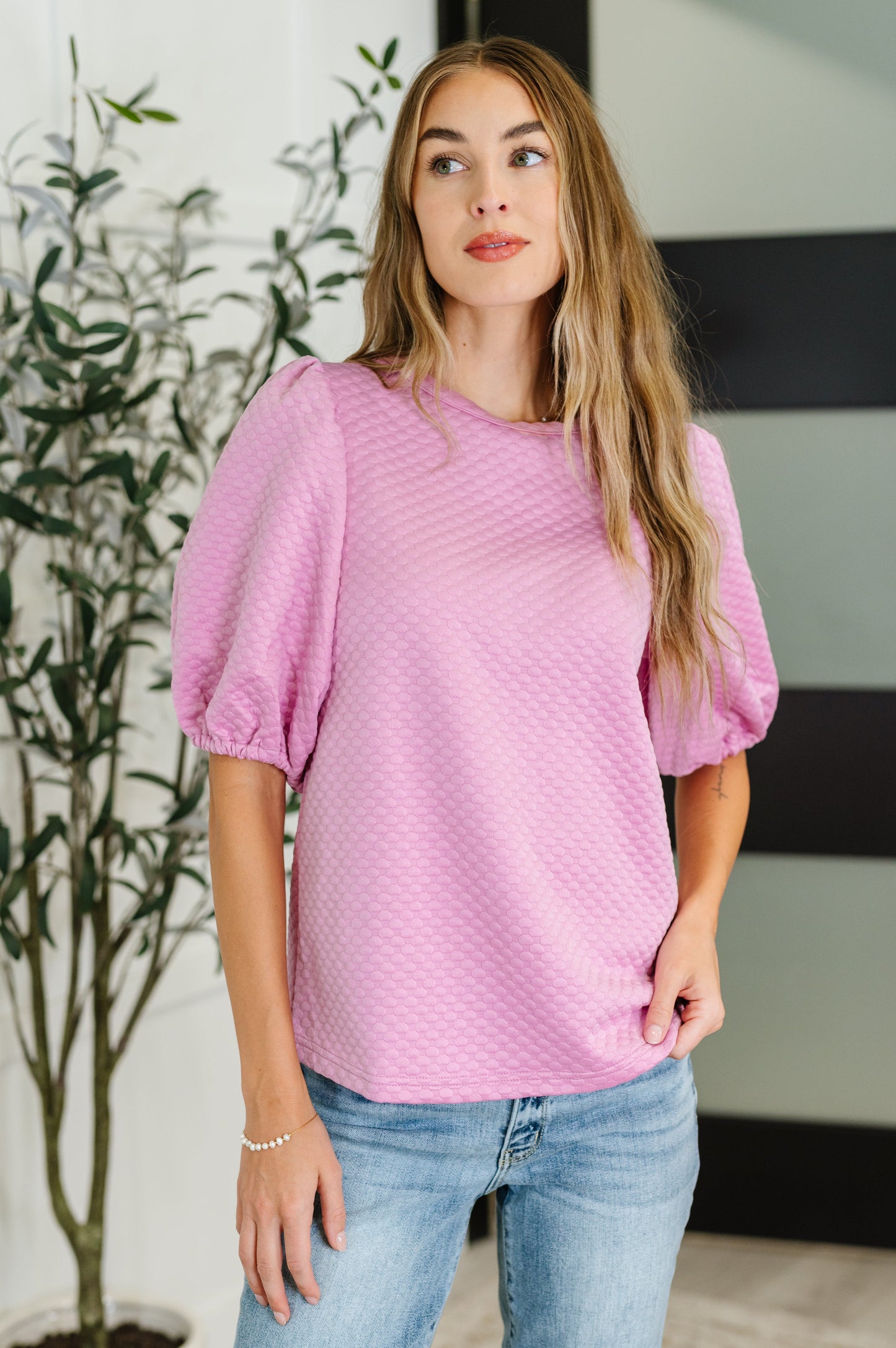Textured Balloon Sleeve Blouse in Pink