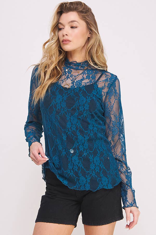 Floral print lace long sleeves top KRT1739 (Plus available)