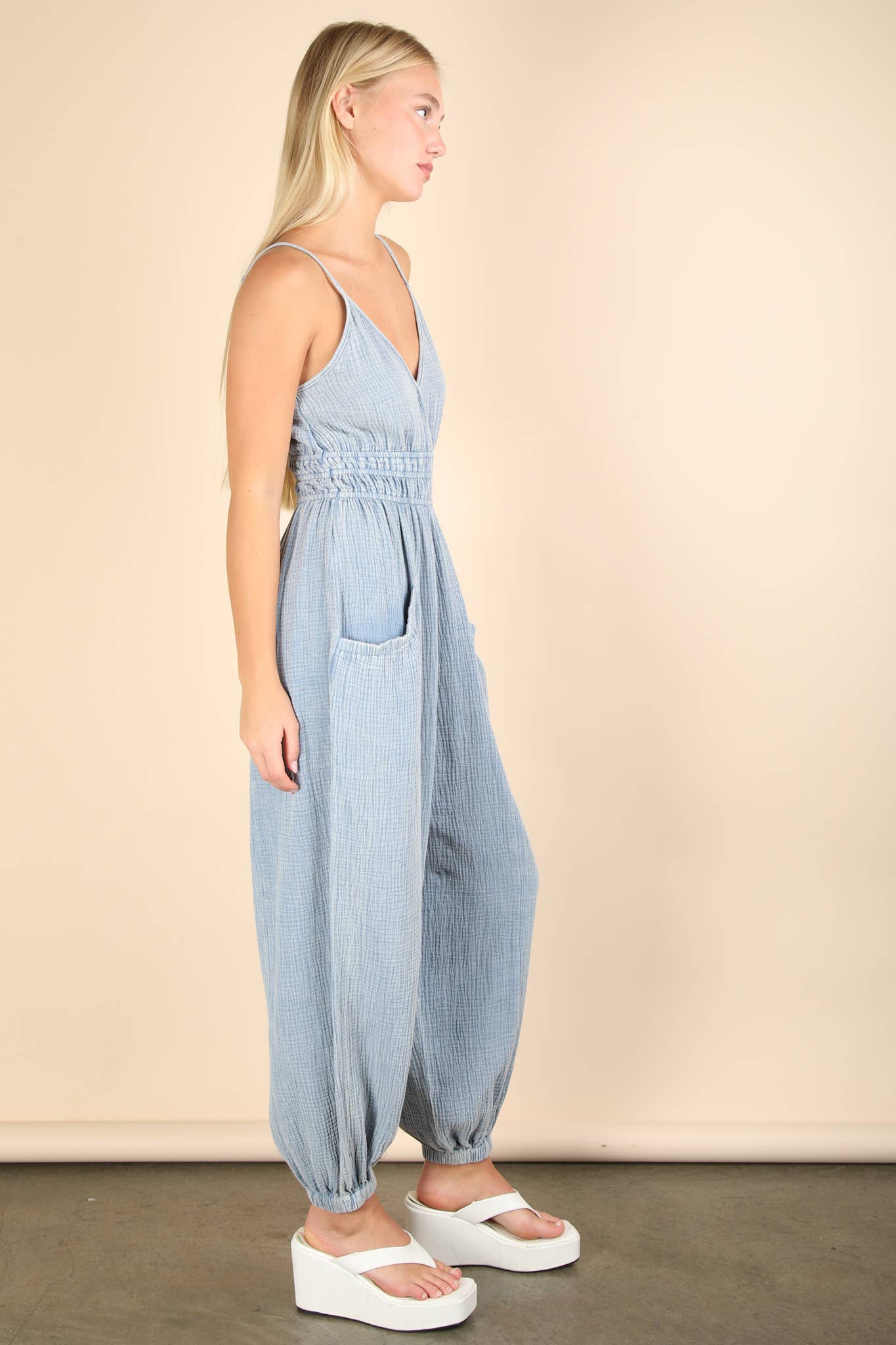 NP70837-Mineral Washed Cotton Gauze Casual Jumpsuit