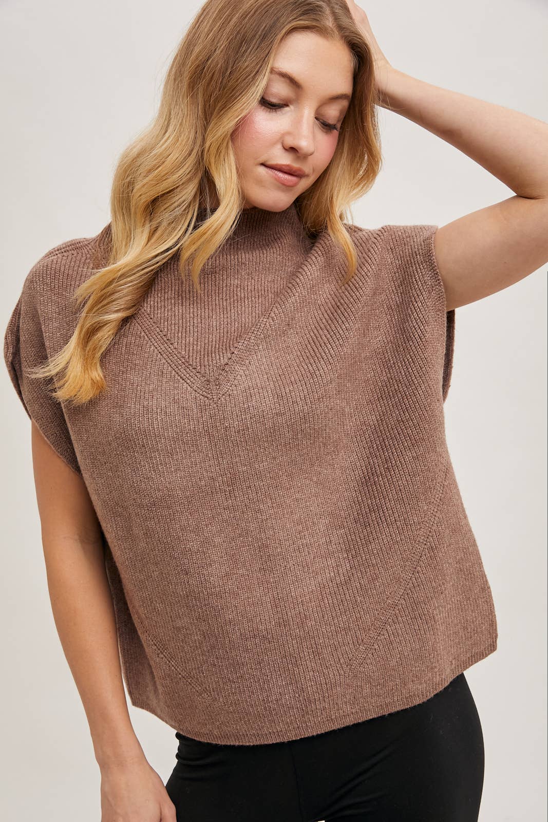 MOCK NECK DOLMAN SHORT SLEEVE KNIT SWEATER