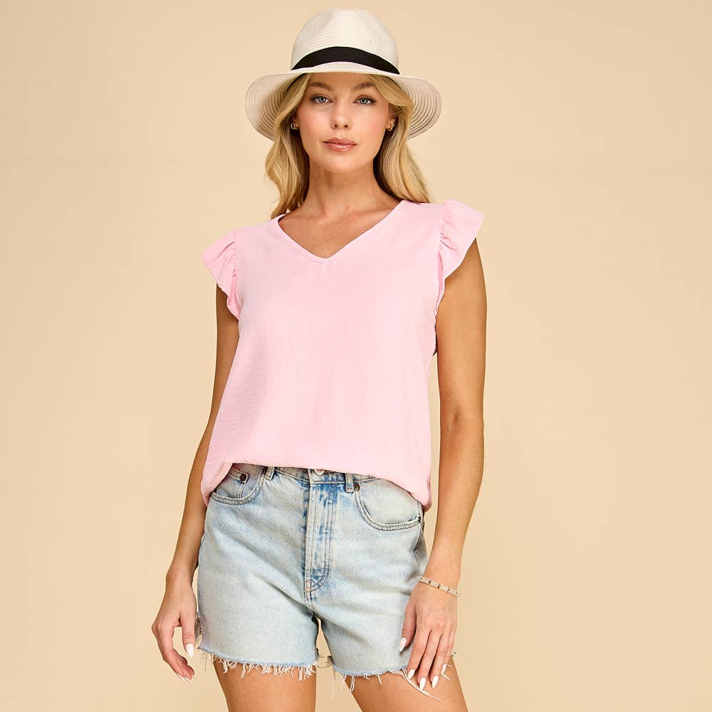 Solid Top with V neck Detail and Ruffled Sleeves