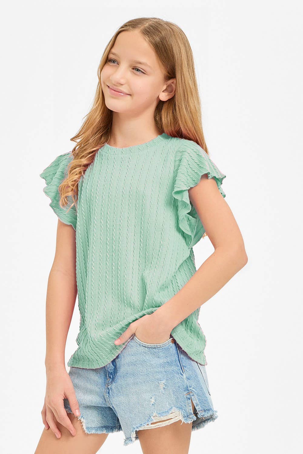 Embossed Knit Ruffle Sleeve Top