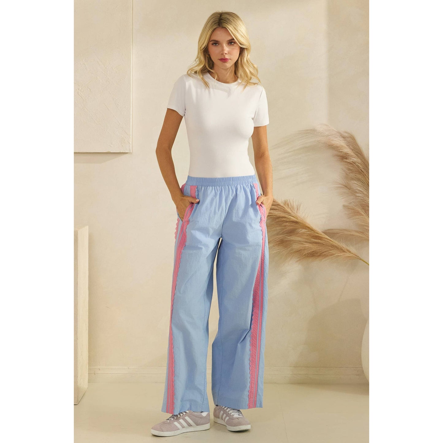 Stripe Nylon Pants with Lace