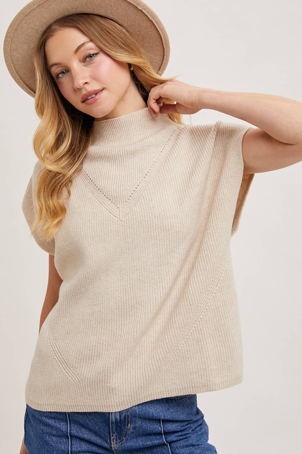 MOCK NECK DOLMAN SHORT SLEEVE KNIT SWEATER