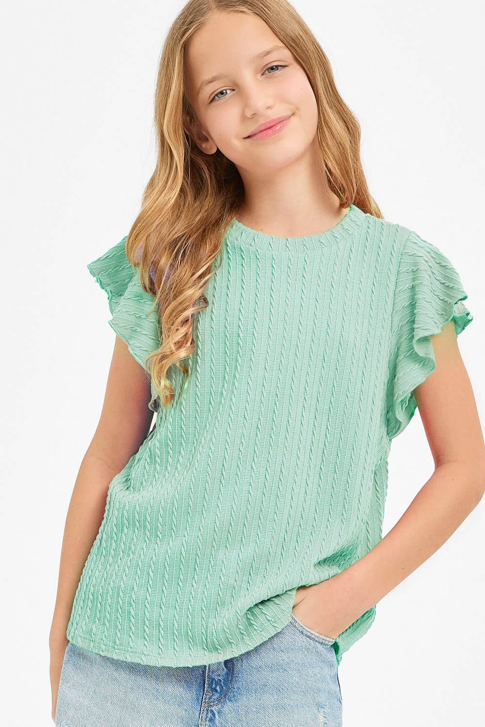 Embossed Knit Ruffle Sleeve Top