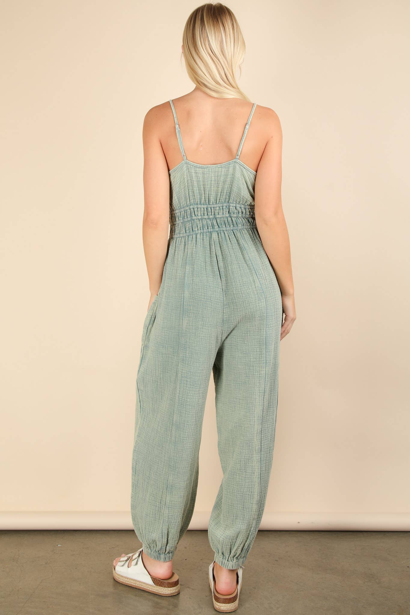 NP70837-Mineral Washed Cotton Gauze Casual Jumpsuit