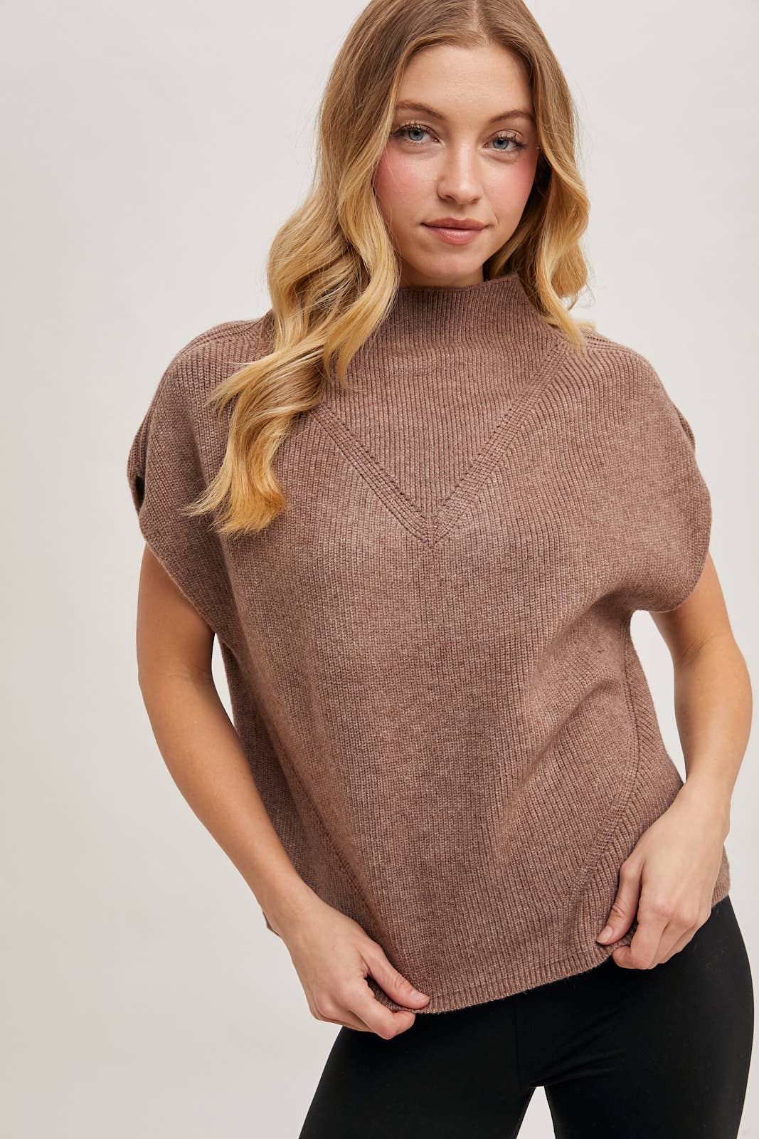 MOCK NECK DOLMAN SHORT SLEEVE KNIT SWEATER