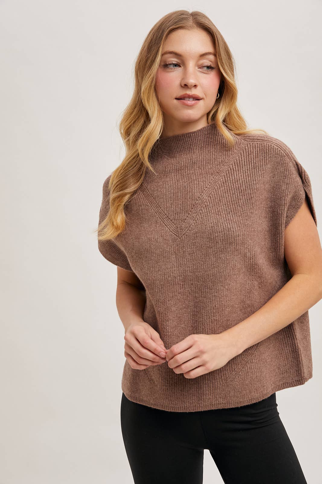 MOCK NECK DOLMAN SHORT SLEEVE KNIT SWEATER