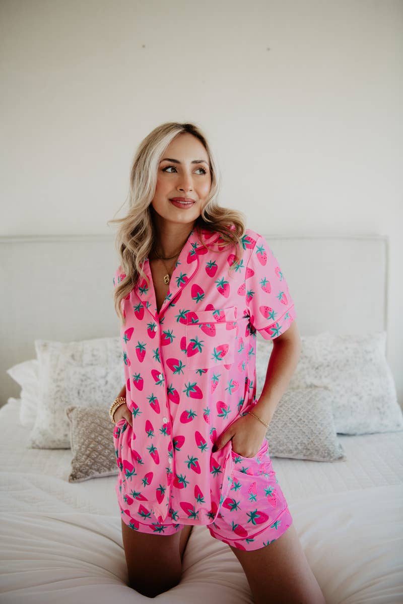 Pink Strawberry Print Pajama Sets for Women