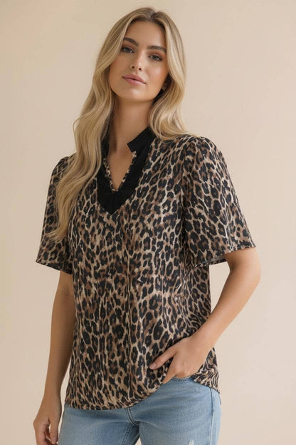 Notch Neck Leopard Blouse