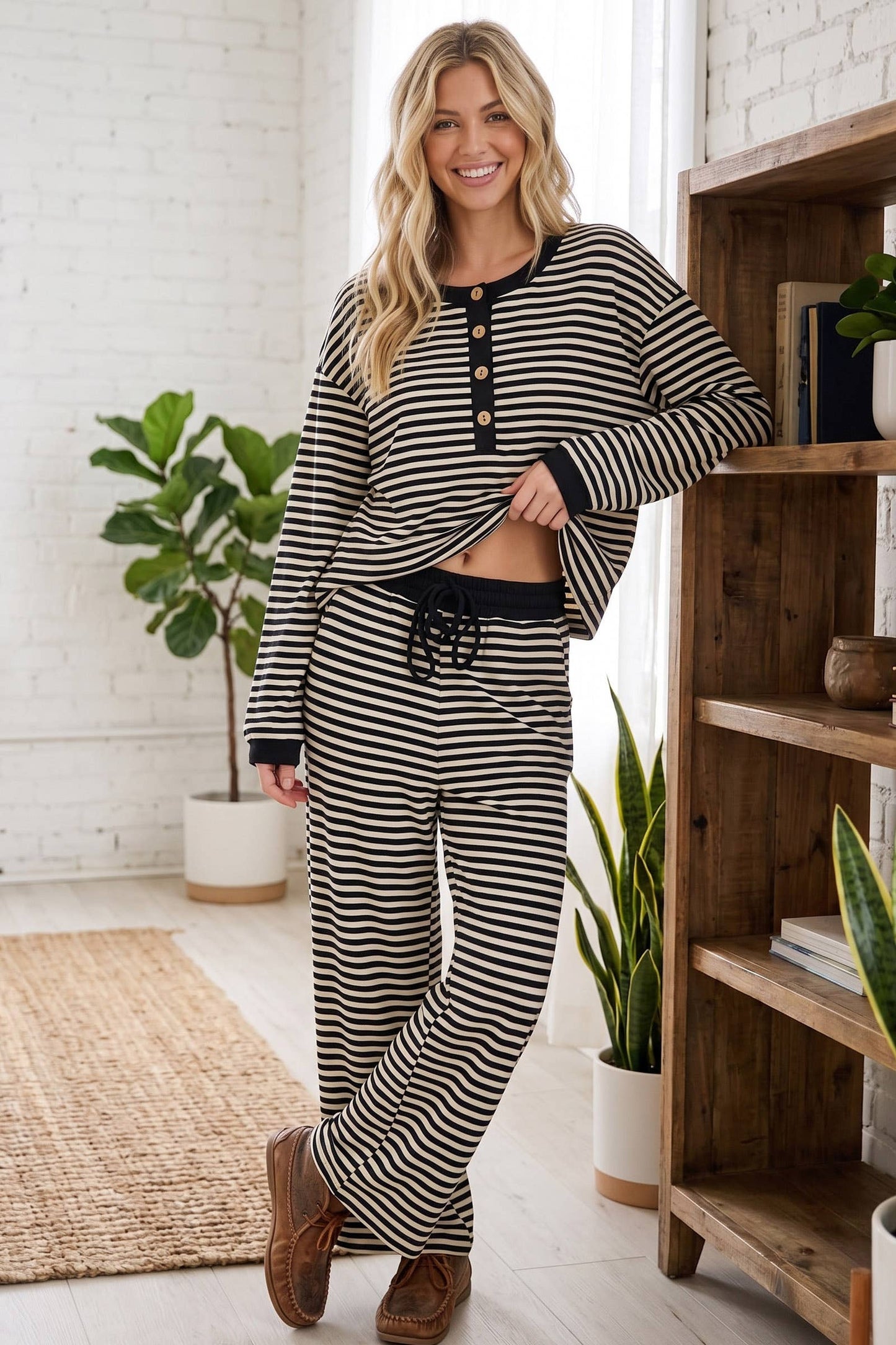 Striped Button Henley Brushed Lounge Set