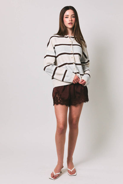 ELASTIC WAIST MID RISE LACE TRIM SHORTS