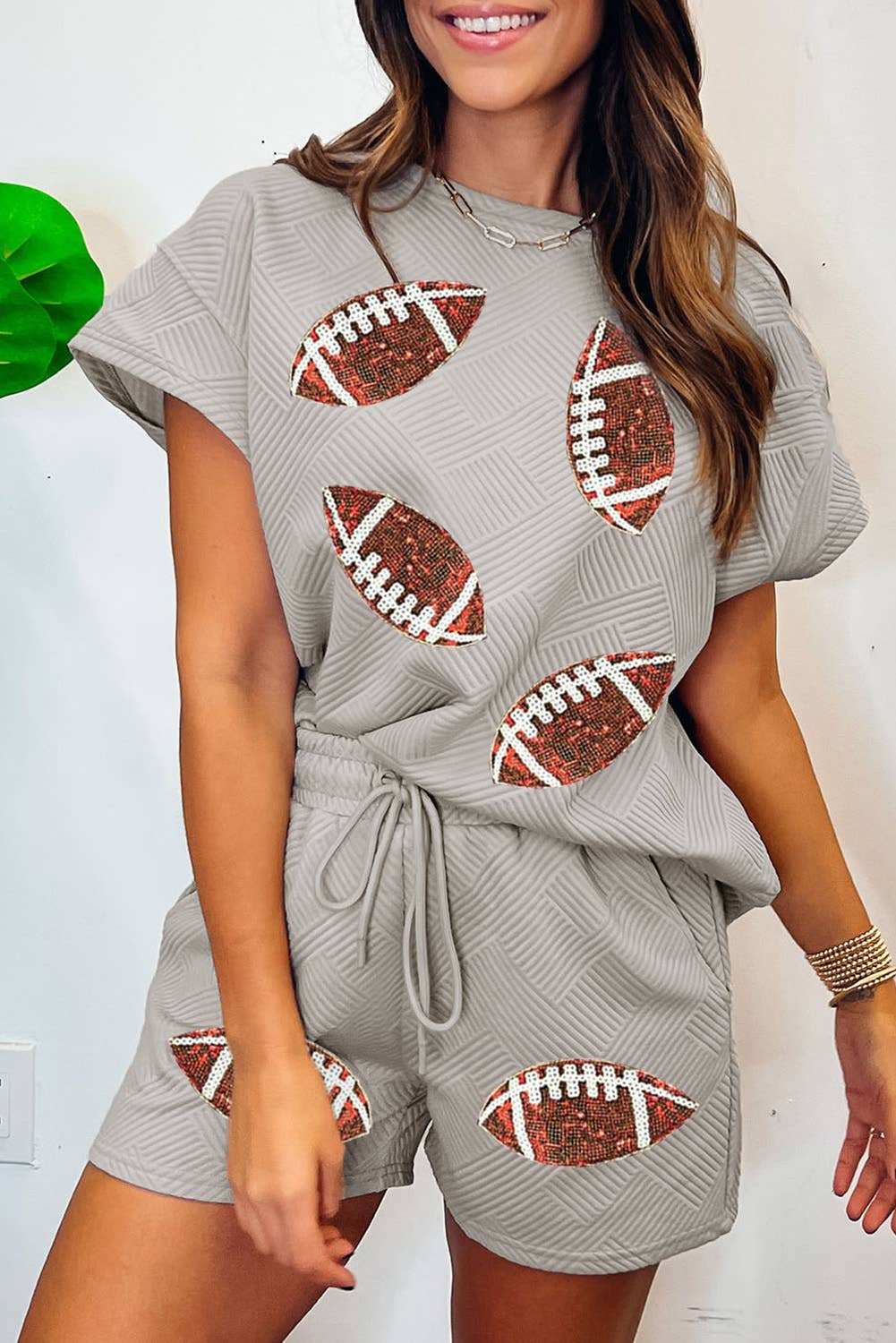 Sequin Rugby Textured T Shirt Shorts Set