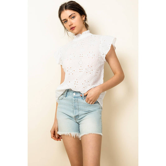 White Eyelet Ruffle Sleeve Blouse with High Neck Detail