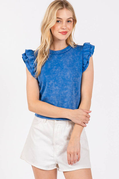 Washed Ruffle Sleeve Top